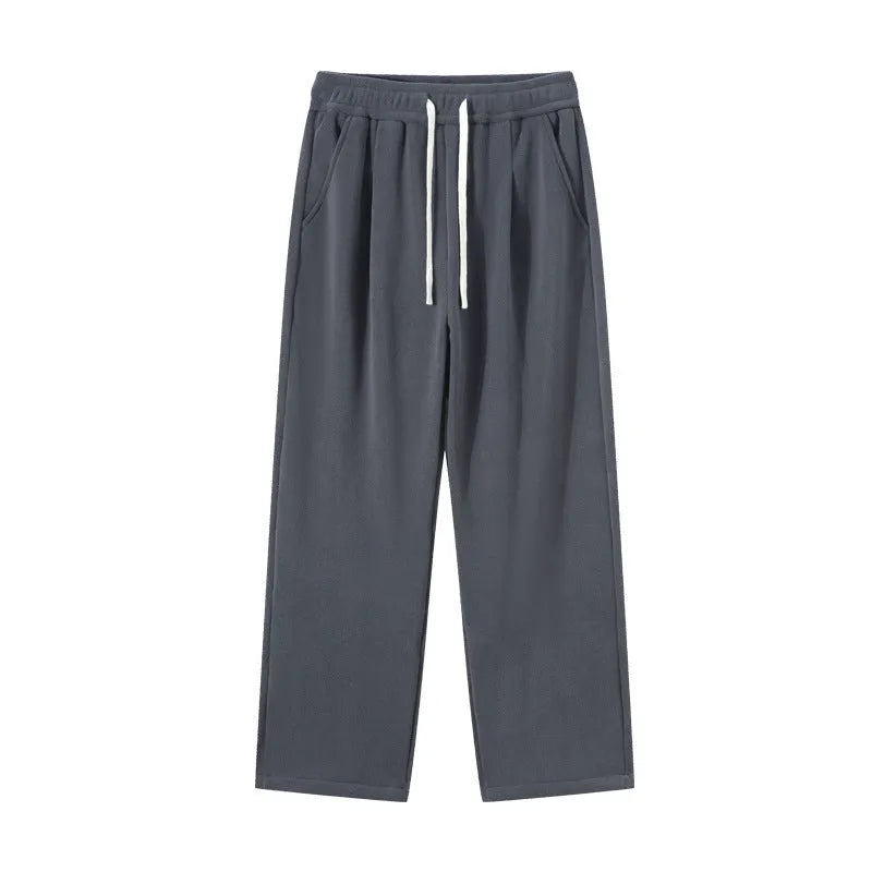 Men's apricot fleece-lined winter sports pants with drawstring waist and loose Korean-style fit