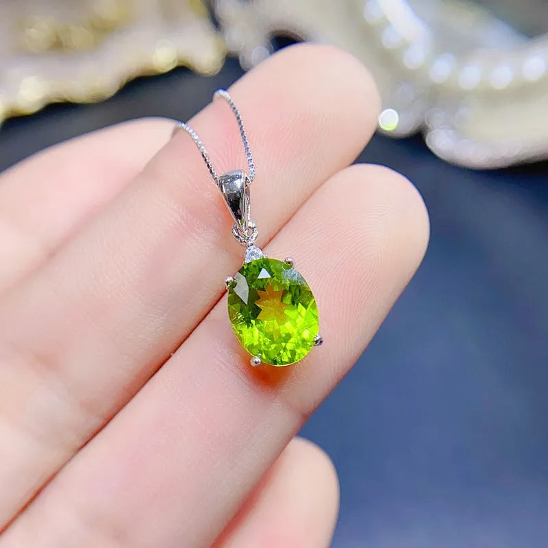 Natural peridot pendant necklace for women, 925 silver with platinum finish, green gemstone casual style
