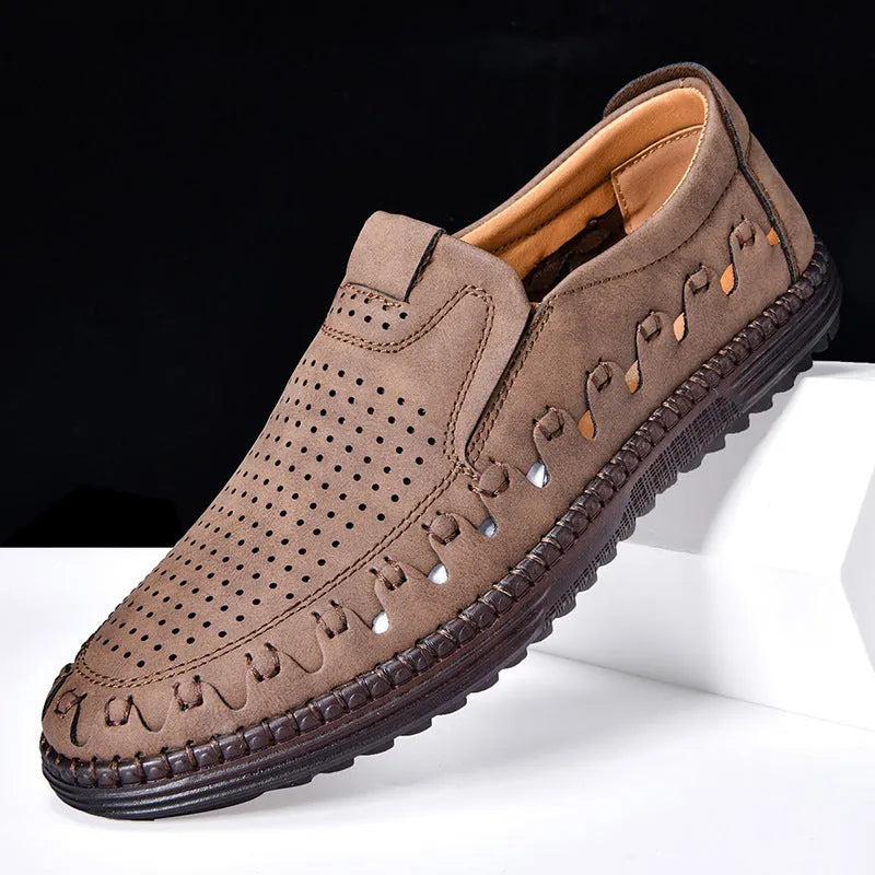 Men's brown slip-on casual shoes with round toe and low-top design for outdoor wear