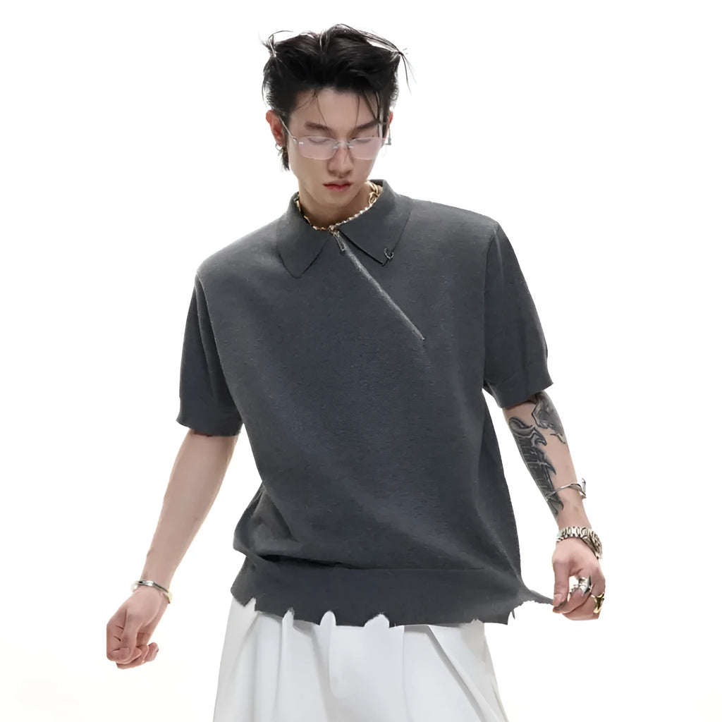Men's slim-fit knitted polo shirt with oblique zipper in ice-feeling polyester fabric