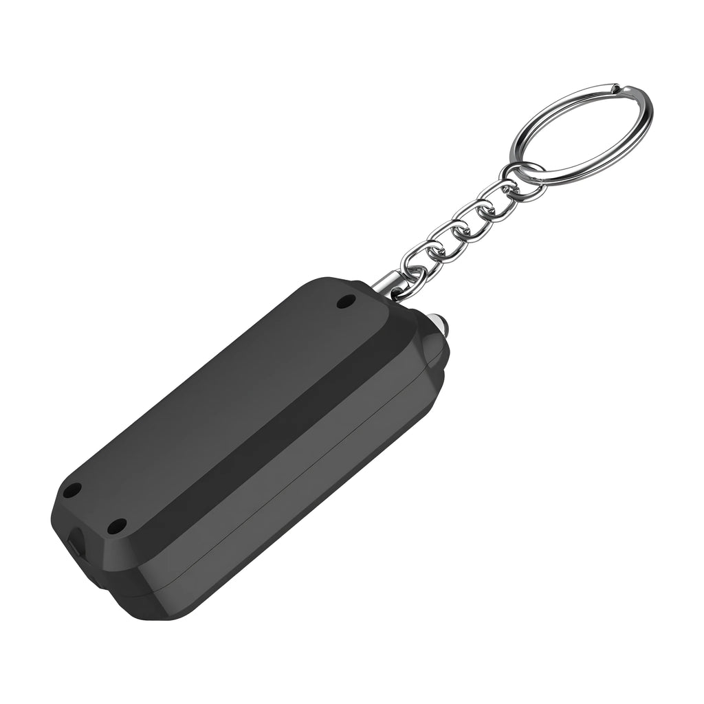 Compact pink personal safety alarm keyring with a button, shown next to its white retail box.