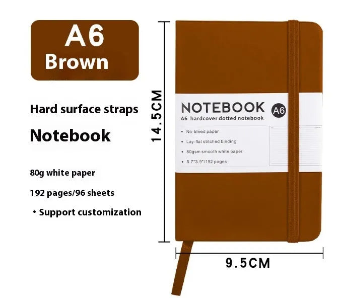 A5 office diary with hand skin feeling PU leather cover and strap closure, open to show horizontal line pages.