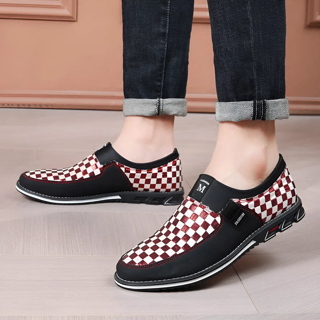 Men's large size business casual shoes with grid pattern and colour blocking, available in red, black, and white, sizes 39-50.