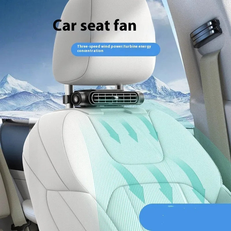 USB-powered car fan with velcro mount, shown in black, white, and beige colour options for vehicle seat use.