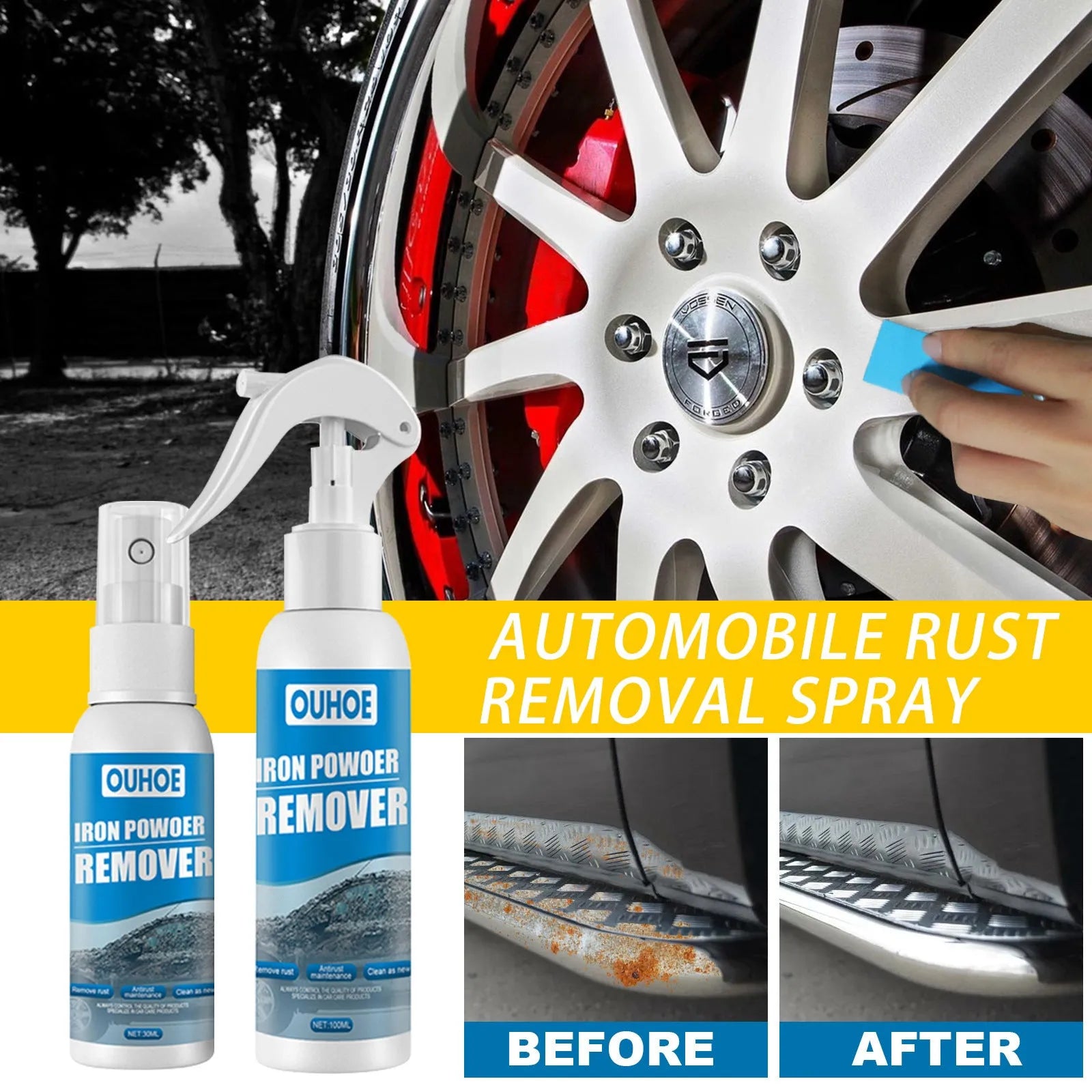 Car rust remover spray bottle with blue square sponge applicator for automotive iron powder treatment