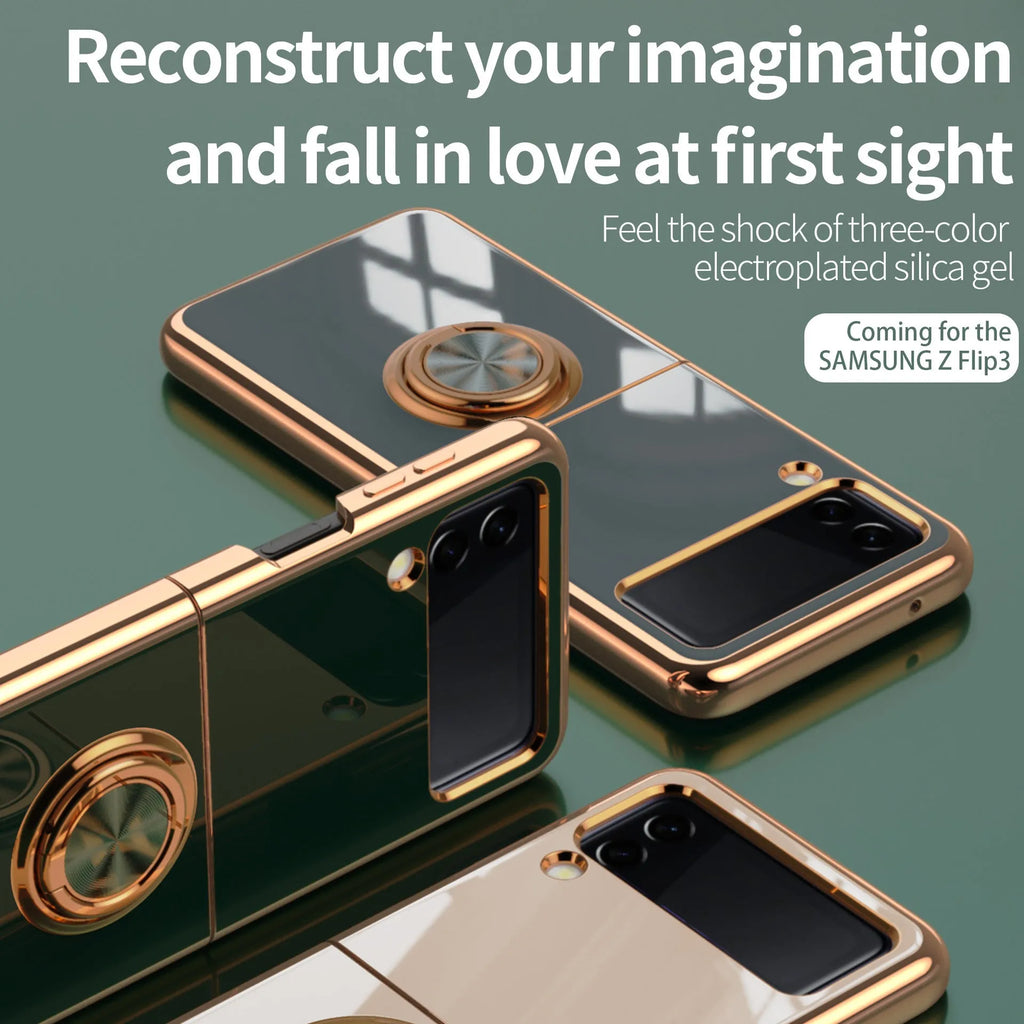 Electroplated magnetic ring TPU metal phone case for Samsung Z Flip with fold-out bracket