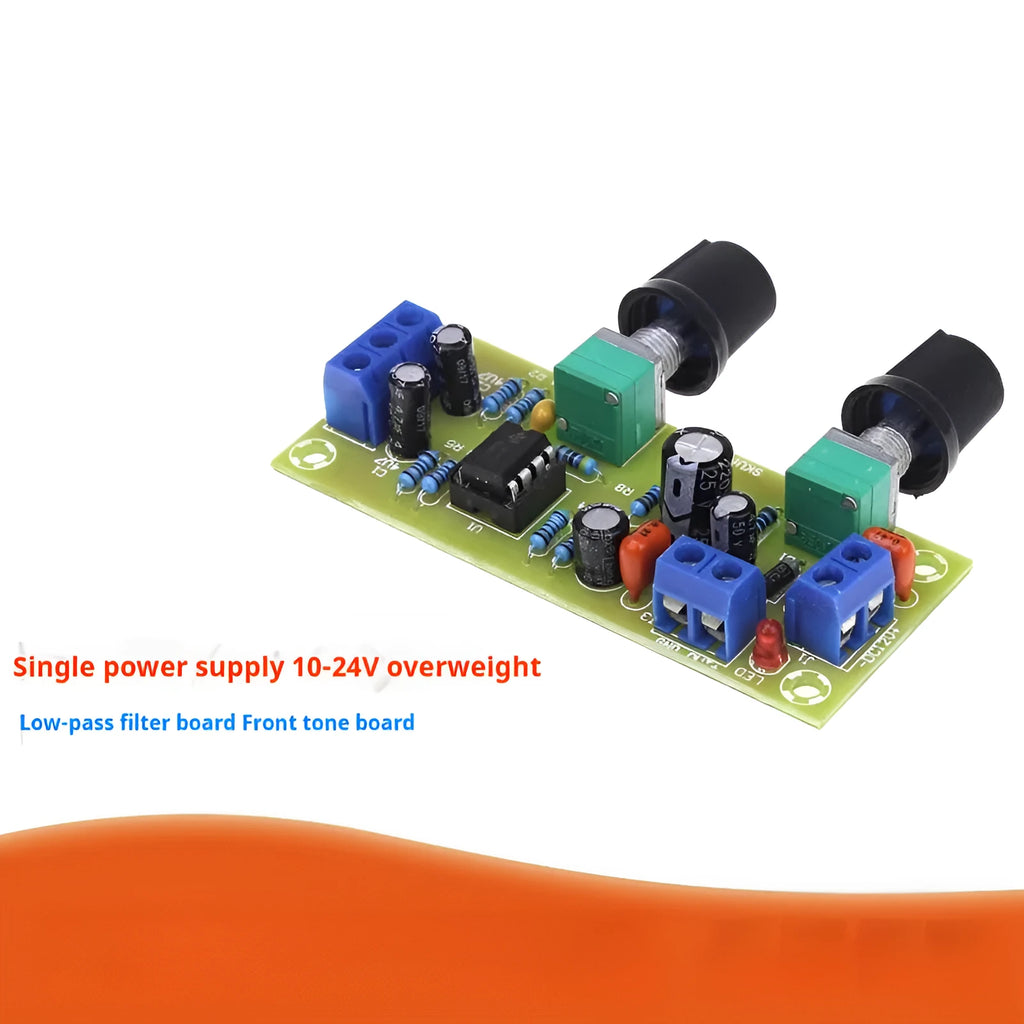Front stage board for super dynamic bass boost with 10-24V power supply and 78x32mm FR-4 fibreboard PCB