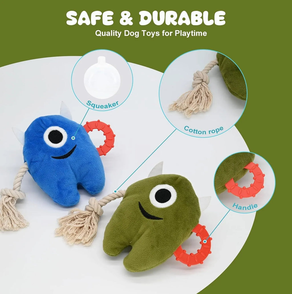 Blue and green plush dog toy with integrated cotton rope and squeaker for chewing and tug-of-war play.