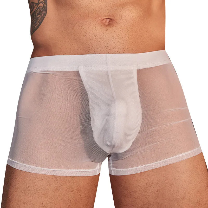 Men's black ultra-thin nylon boxer briefs on a white background, showing elastic waistband.