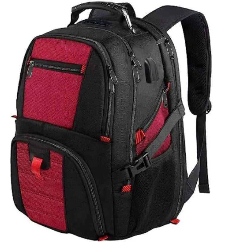Large black USB travel backpack with curved shoulder straps shown from the side.
