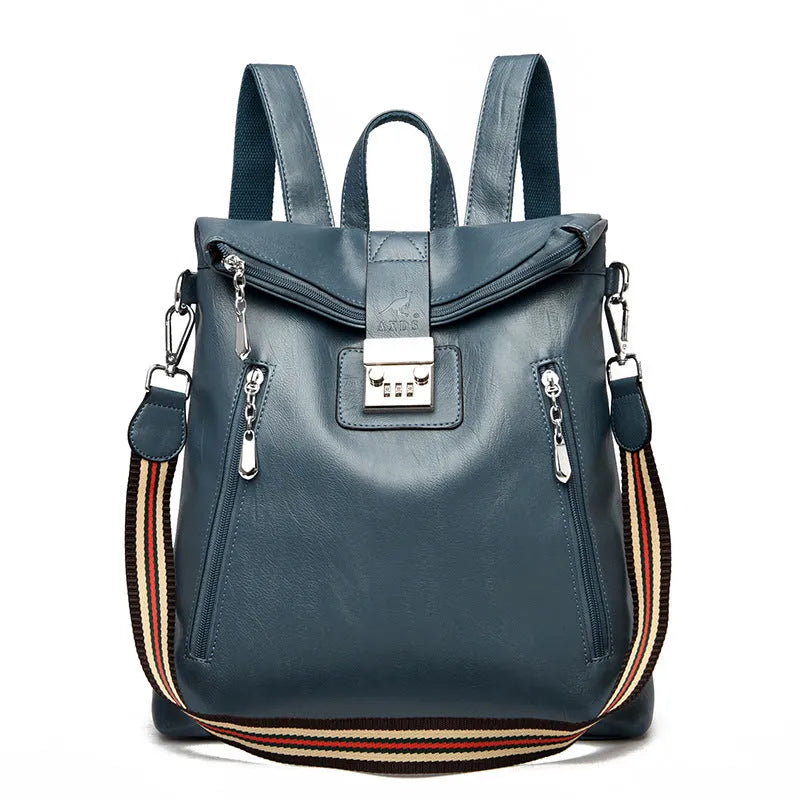 Anti-theft password backpack for women in blue with PU outer, nylon lining, soft build and outer slit pocket