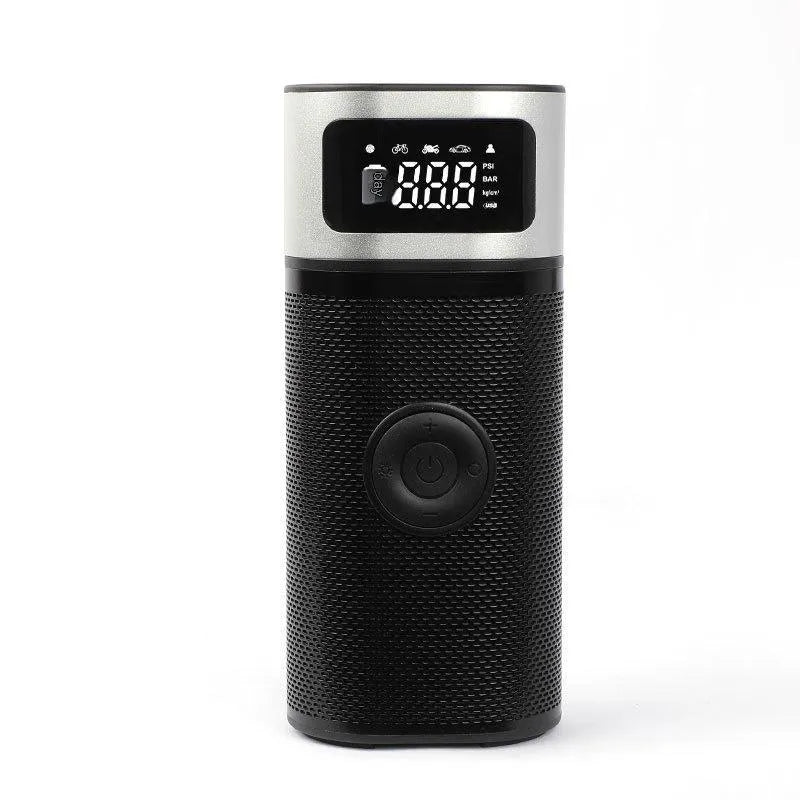Black portable wireless air pump with 15cm tube, multiple nozzles, and storage bag