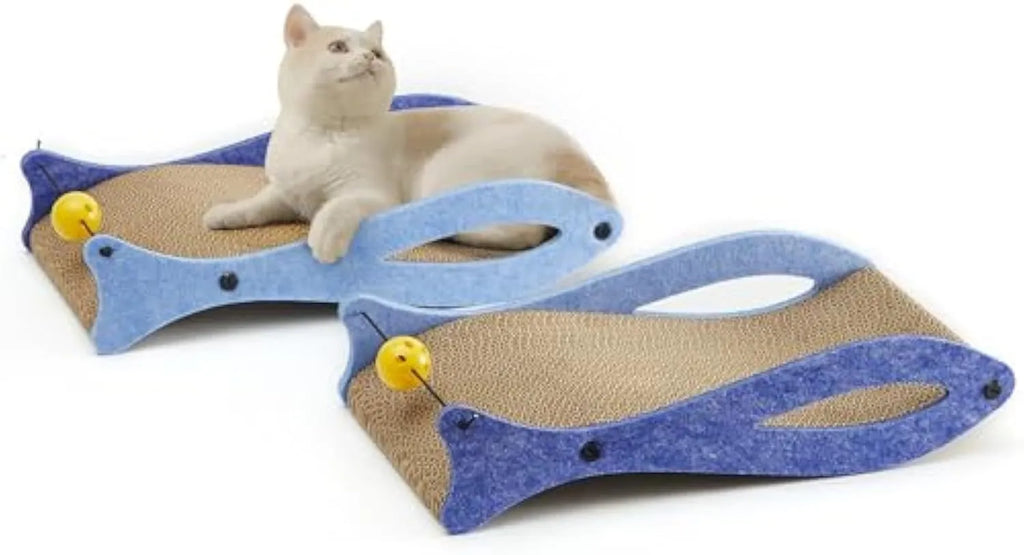 Blue fish-shaped cat scratcher lounge with corrugated cardboard surface and attached bell ball toy