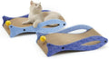 Blue fish-shaped cat scratcher lounge with corrugated cardboard surface and attached bell ball toy