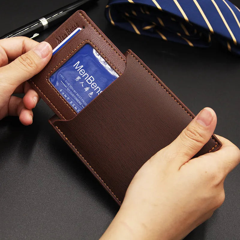 Men's casual short wallet in PU with iron-edge card-picking design, shown in black, dark coffee, and light coffee.