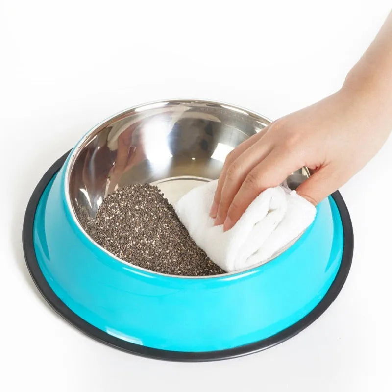 Stainless steel and melamine pet feeding bowl with non-slip base in multiple colour options