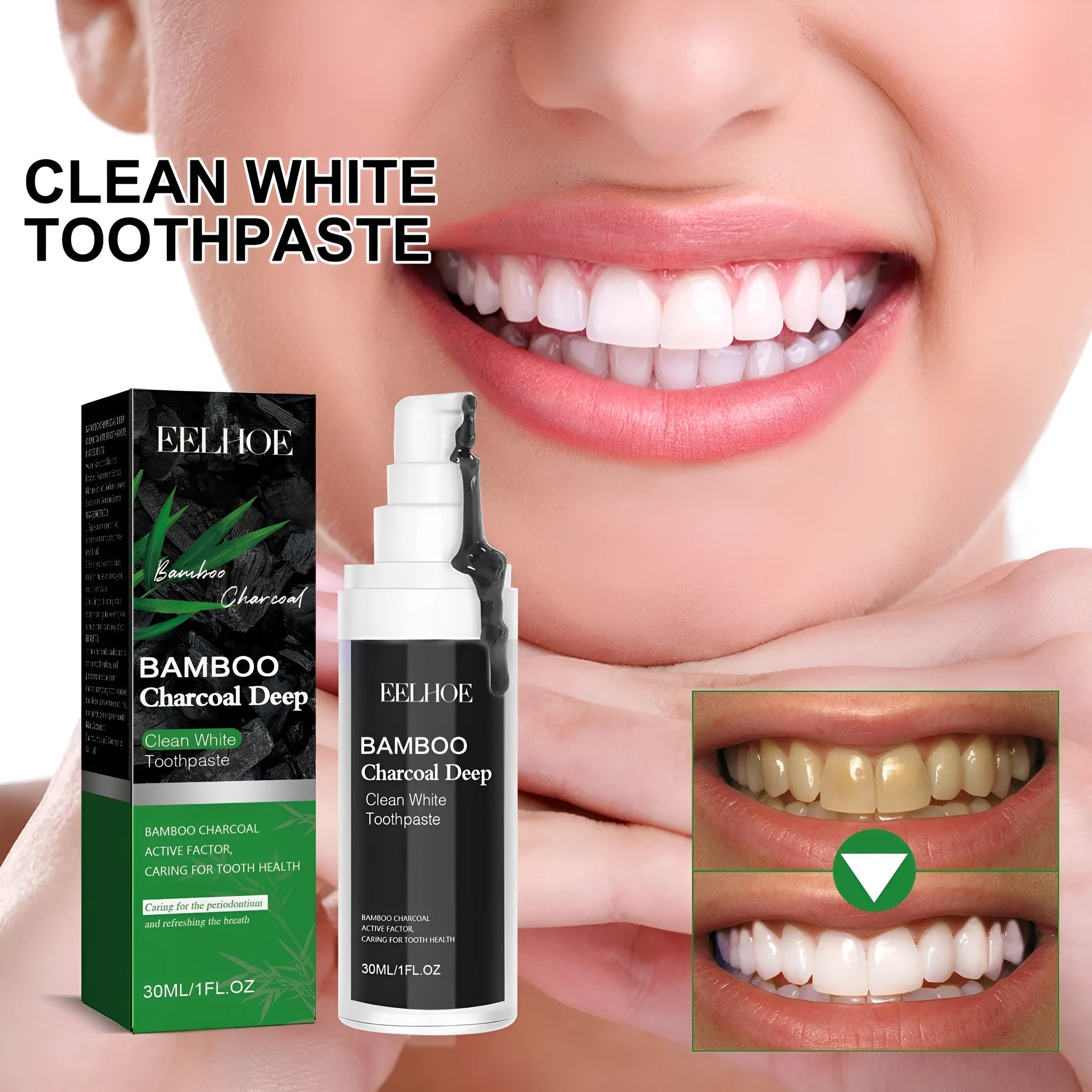 30ml tube of bamboo charcoal bright white stain removing toothpaste on a white background.