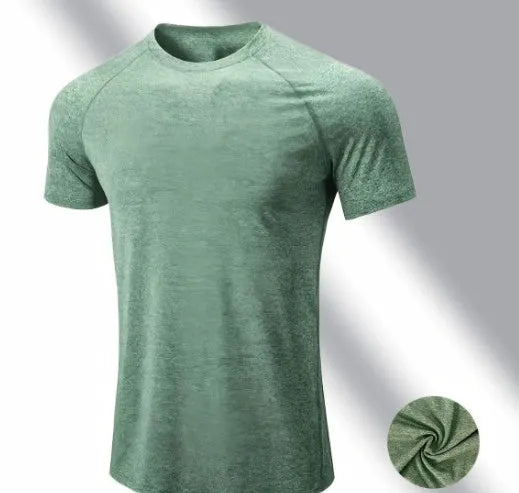 Men's black quick-drying stretch polyester short sleeve T-shirt on a hanger.