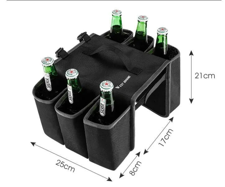 Double-sided black bicycle drink storage bag mounted on bike frame with bottle