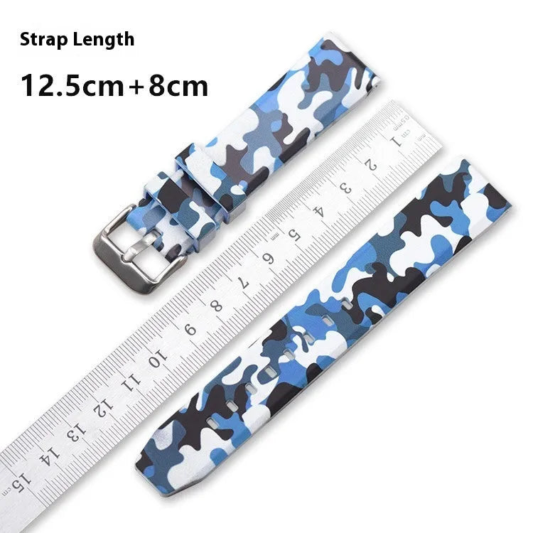 Blue, grey and green camouflage silicone watch strap with flat head, shown in 20mm 22mm 24mm widths.