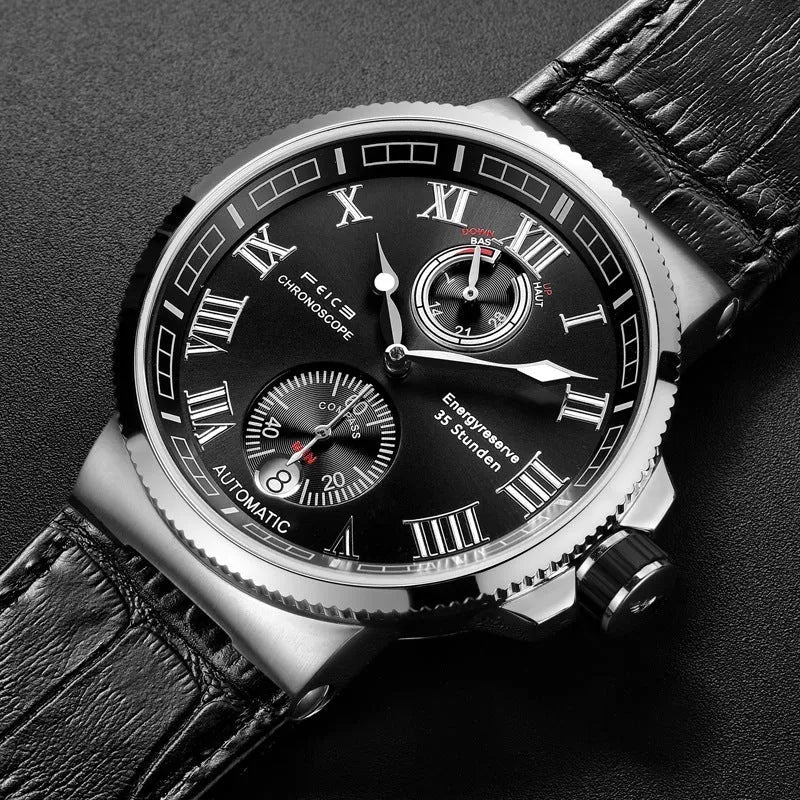 Automatic mechanical watch for men with black silicone band, luminous dial, and stainless steel watch bottom