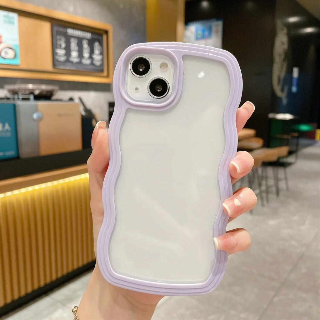Wave border solid colour TPU phone case for iPhone 17 series in black, blue, light blue, pink, purple, white or yellow