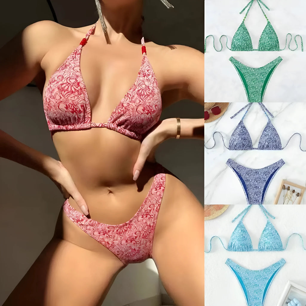 Women's floral halter bikini set with matching shorts in red, sky blue, sapphire blue or emerald green