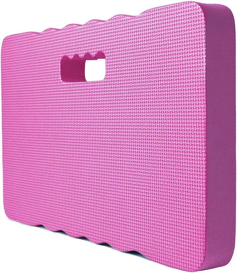 Blue plastic garden kneeler pad on grass, measuring 45 cm long, for knee protection during gardening.