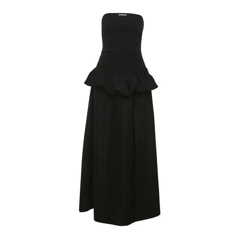 Women's solid colour high waist off-neck split A-line long dress in black, backless detail, street style