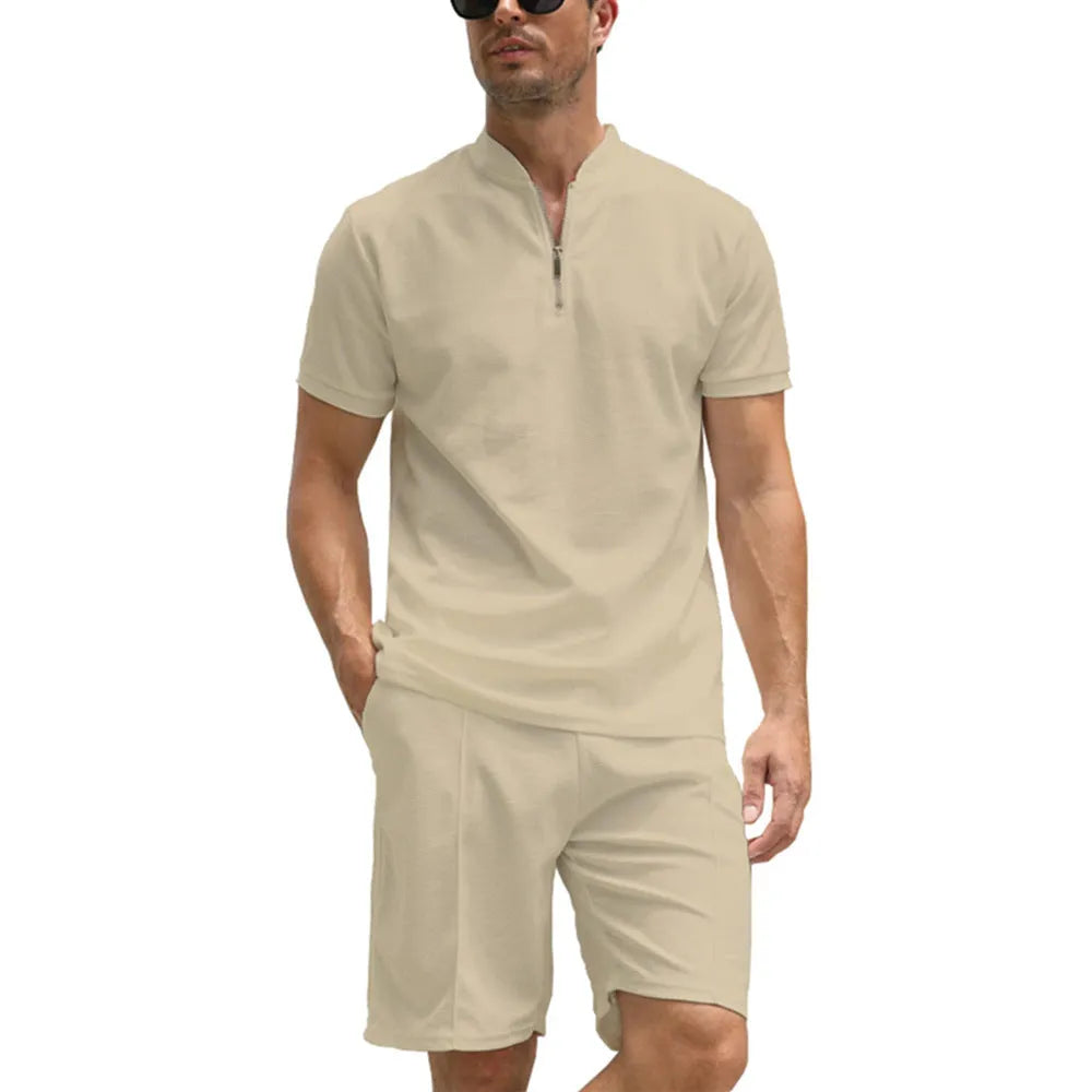 Men's solid colour two-piece polo shirt suit set with short sleeves and matching trousers