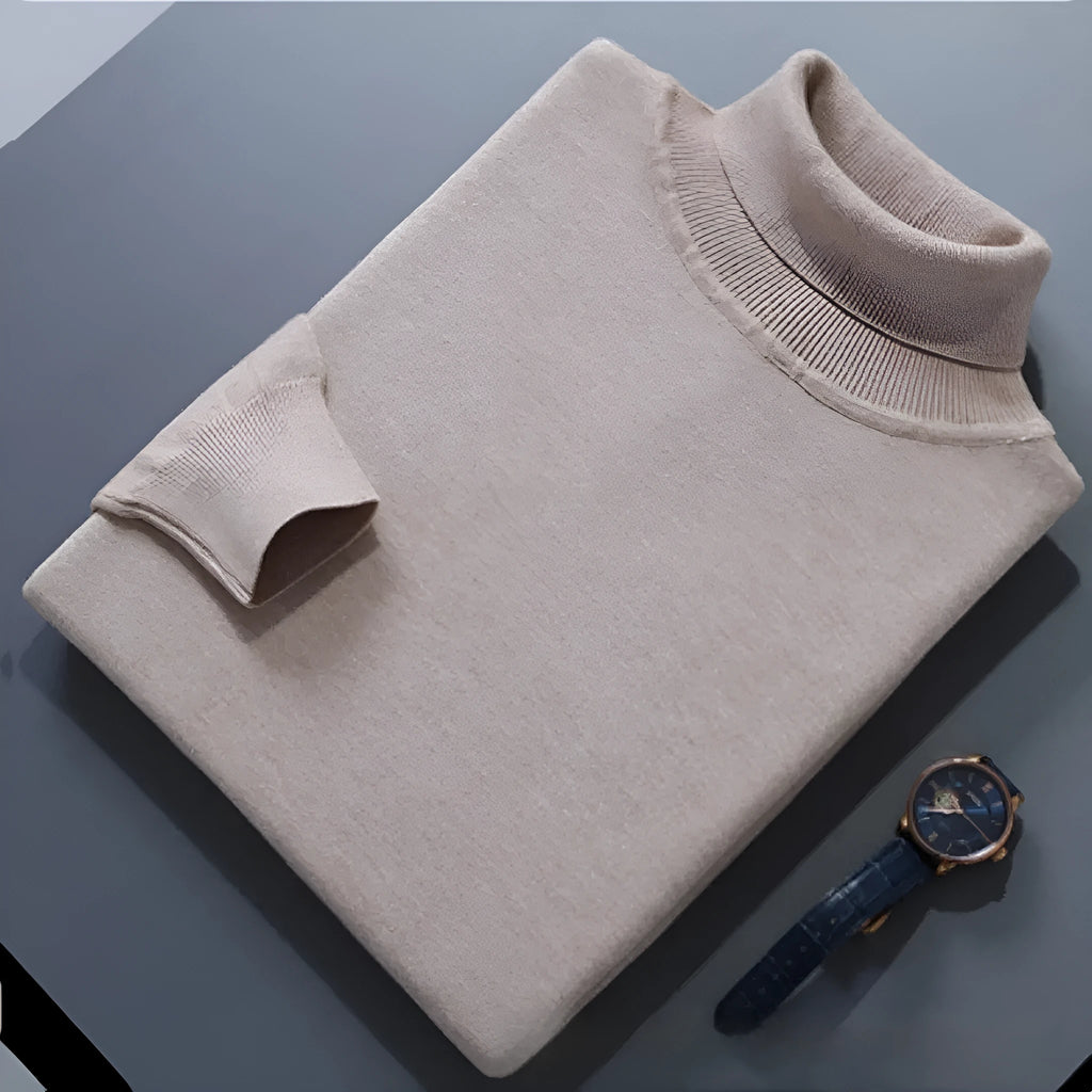 High lapel solid colour casual pullover sweater in beige with long sleeves and loose fit.