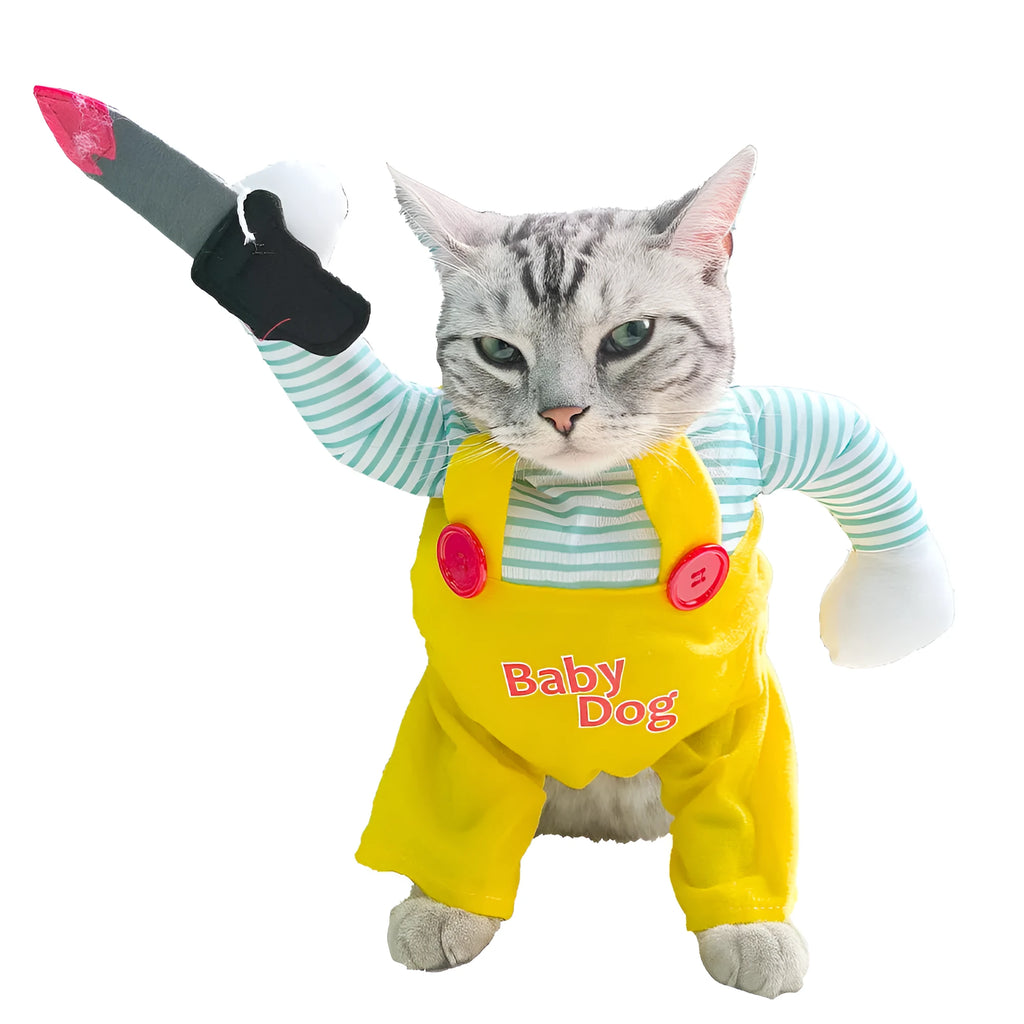 Yellow sword assassin costume for cats on hanger showing B02405 design