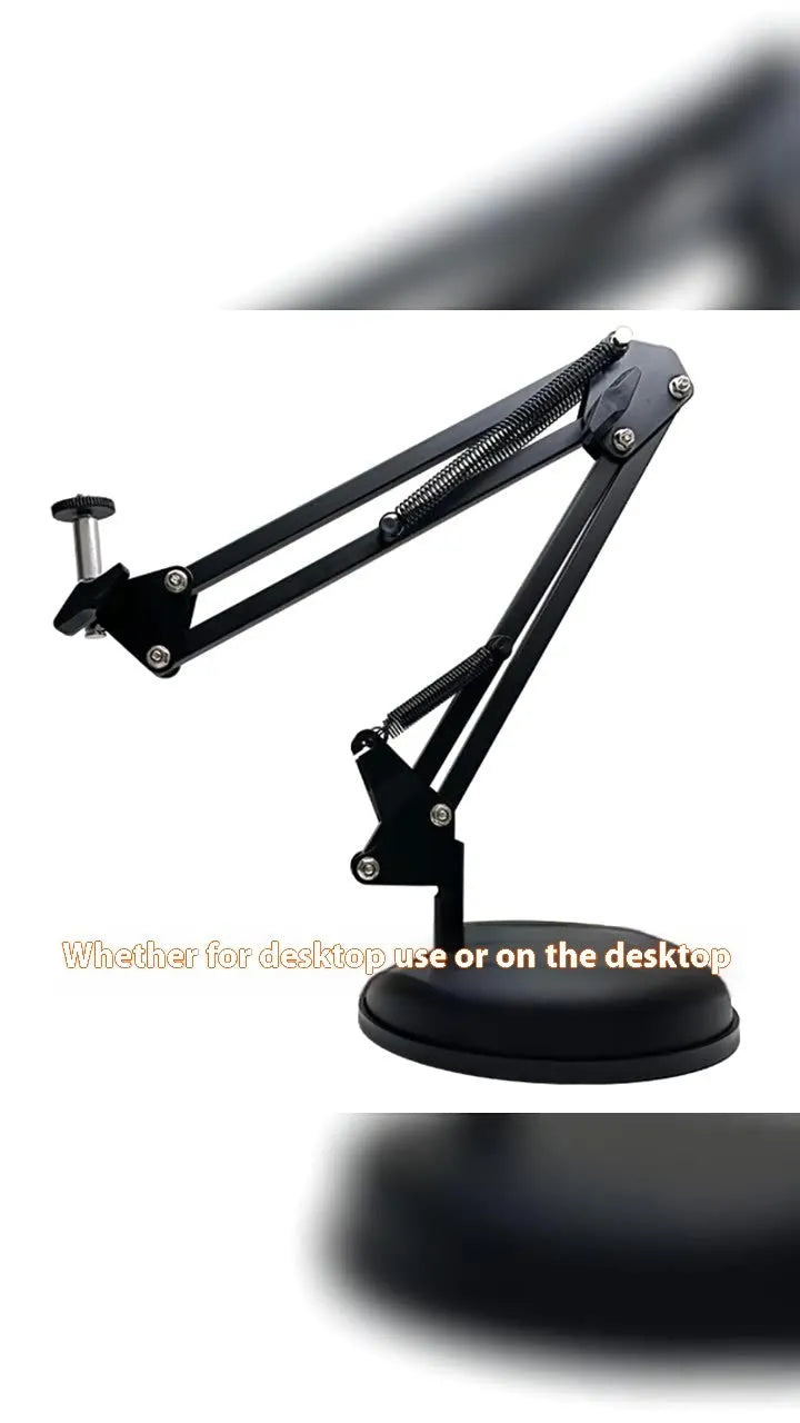 Black foldable metal desktop cantilever bracket holding tablet with adjustable arms