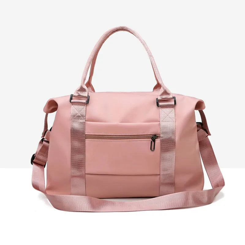 Medium 36-55L Oxford cloth travel duffel bag with zip pockets, soft handle, available in blue, black, grey and pink.
