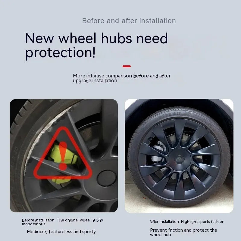 Tesla Model Y plastic wheel hub cover set in multiple colour options including carbon fiber pattern