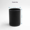 Black leather round pen container with 8.0cm diameter measurement