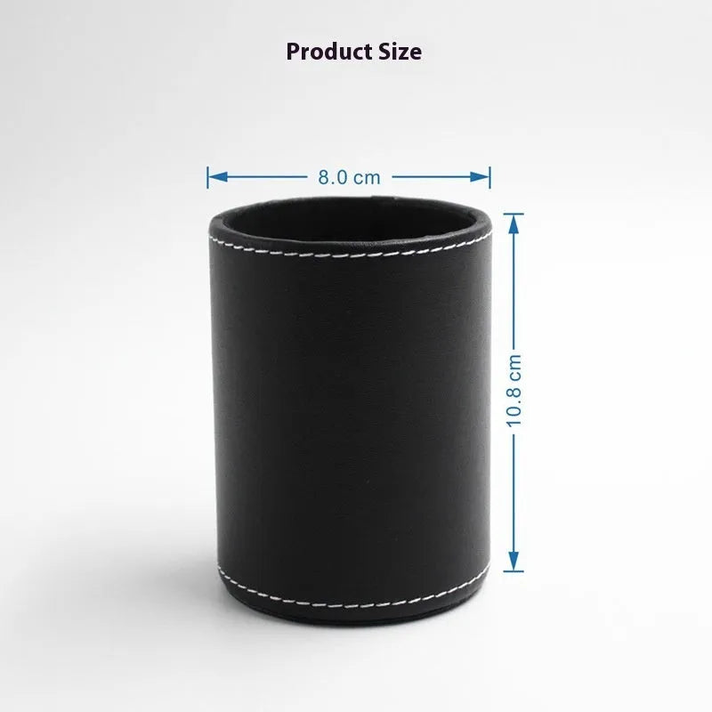 Black leather round pen container with 8.0cm diameter measurement