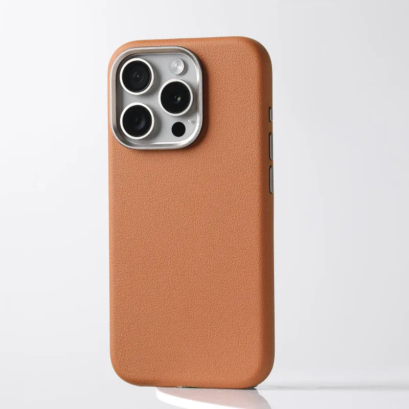 Genuine leather MagSafe iPhone case with integrated metal alloy lens protector in black colour.