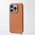 Genuine leather MagSafe iPhone case with integrated metal alloy lens protector in black colour.