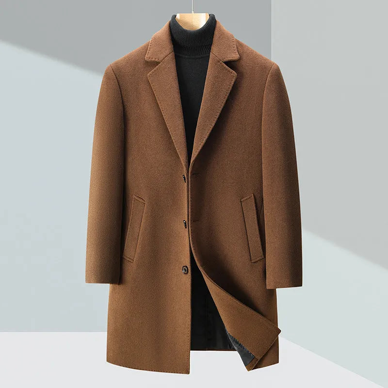Men's solid colour woolen trench coat in Black with notch lapel, light business style, Asian size 170-195