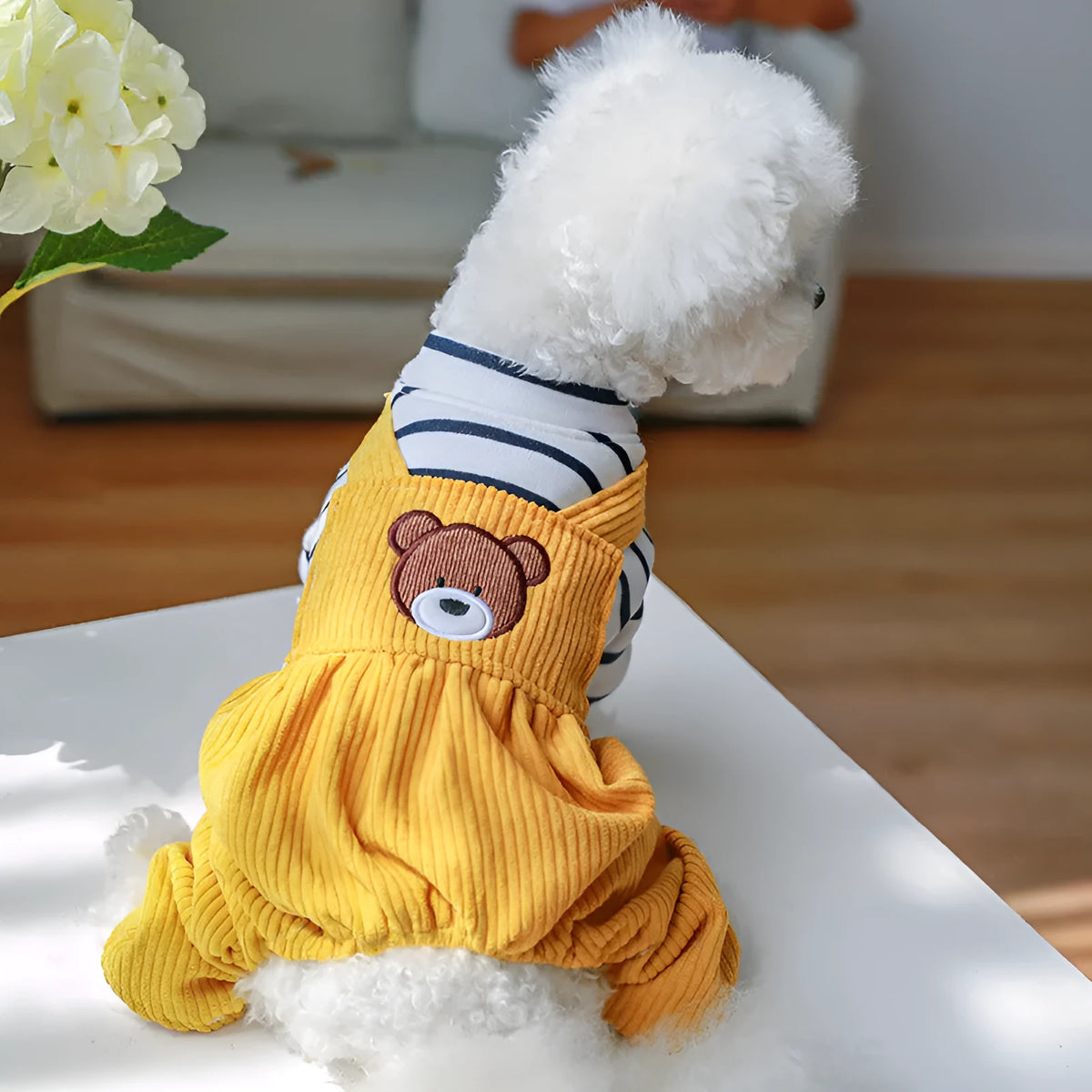 Teddy fleece-lined four-legged dog overall in bread bear colour for small to large dogs