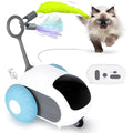 Blue and orange remote-controlled smart cat toy with feather teaser attachment and USB charging