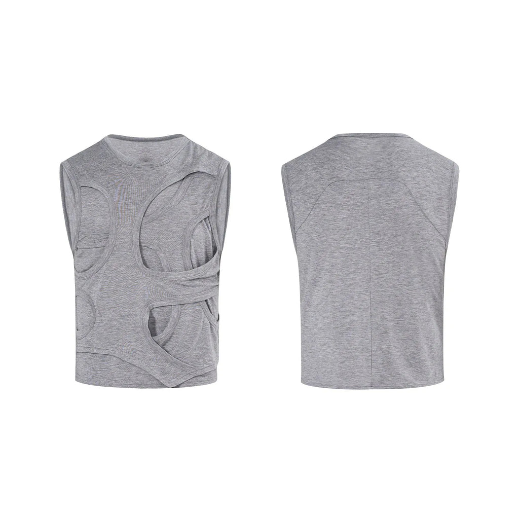 Man wearing a solid grey Lyocell vest, showing standard fit and round neck tank top style.