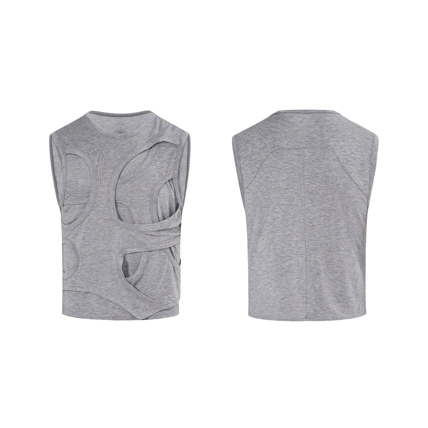 Man wearing a solid grey Lyocell vest, showing standard fit and round neck tank top style.