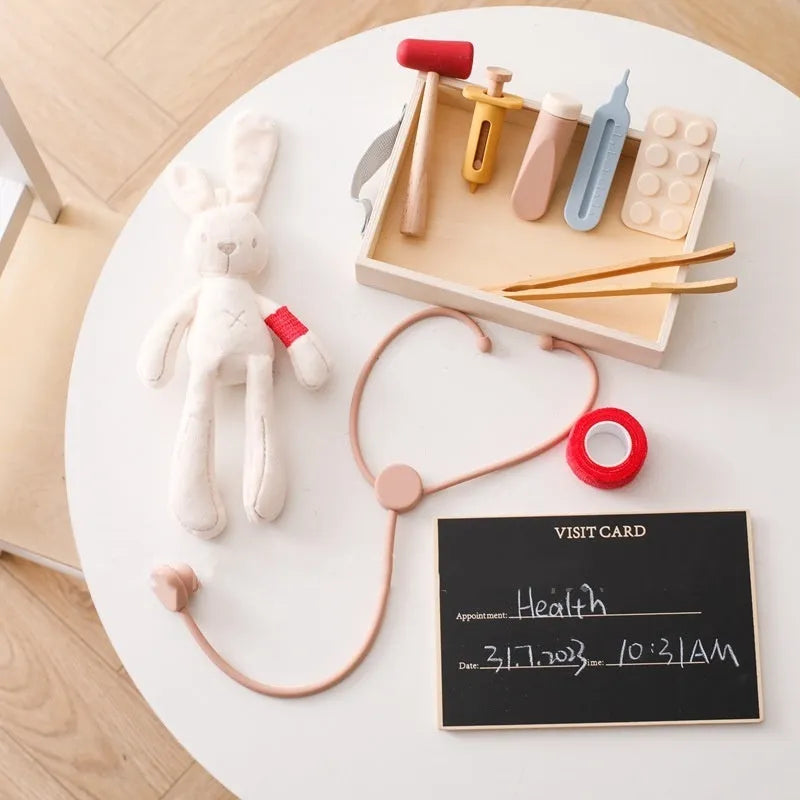 Wooden children's doctor toy set with stethoscope and medical suit for imaginative role play