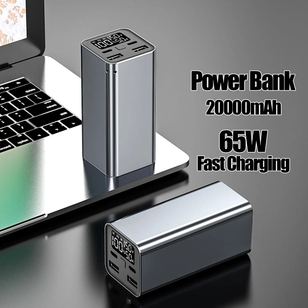 65W metal power bank with 20000mAh capacity for laptop charging in black, blue, or grey