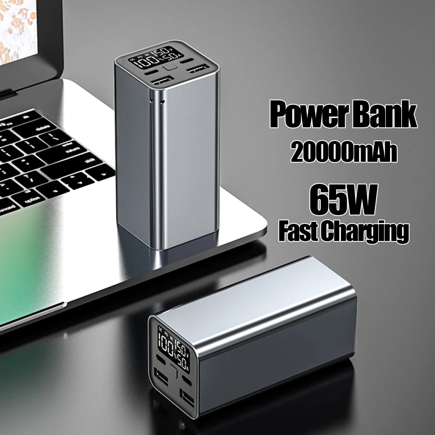 65W metal power bank with 20000mAh capacity for laptop charging in black, blue, or grey