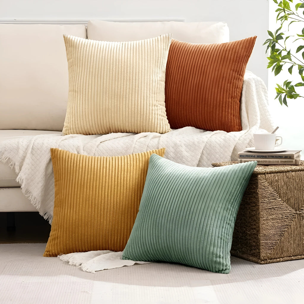 45x45cm corduroy cushion cover with striped gradient pattern in beige, green, orange, yellow, cyan, matcha, olive or dark green