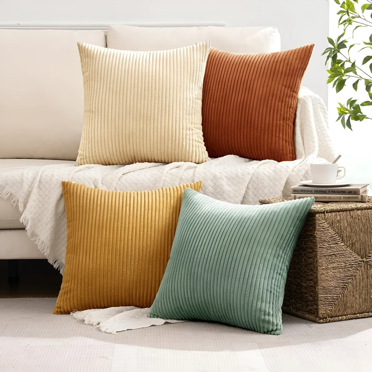 45x45cm corduroy cushion cover with striped gradient pattern in beige, green, orange, yellow, cyan, matcha, olive or dark green