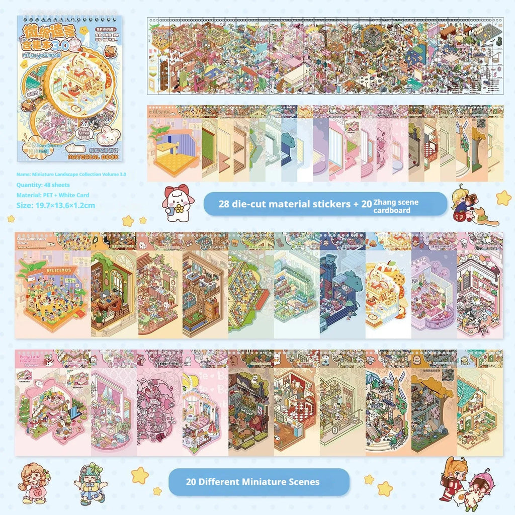 Yilan landscape sticker miniature scene book with 20 animal shop scene pieces for 3D collage assembly